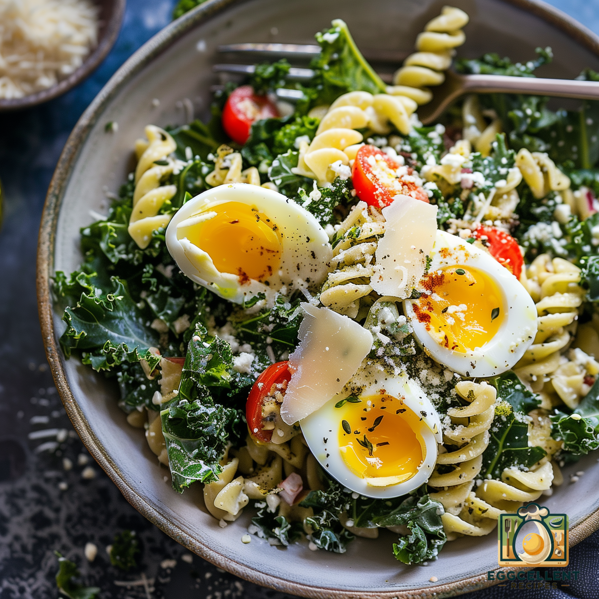 Kale Caesar Pasta Salad with Soft-Boiled Eggs Recipe