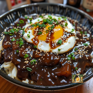 Korean Black Bean Noodles (Jjajangmyeon with Fried Egg on top) Recipe