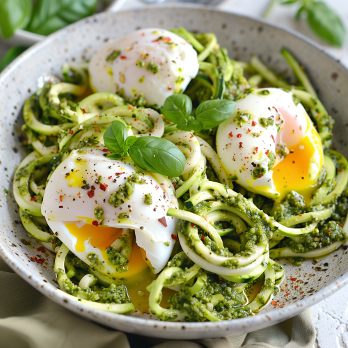 Zucchini Noodles with Poached Eggs and Pesto