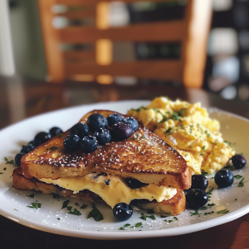 Blueberry and Cream Cheese Stuffed French Toast with Scrambled Eggs