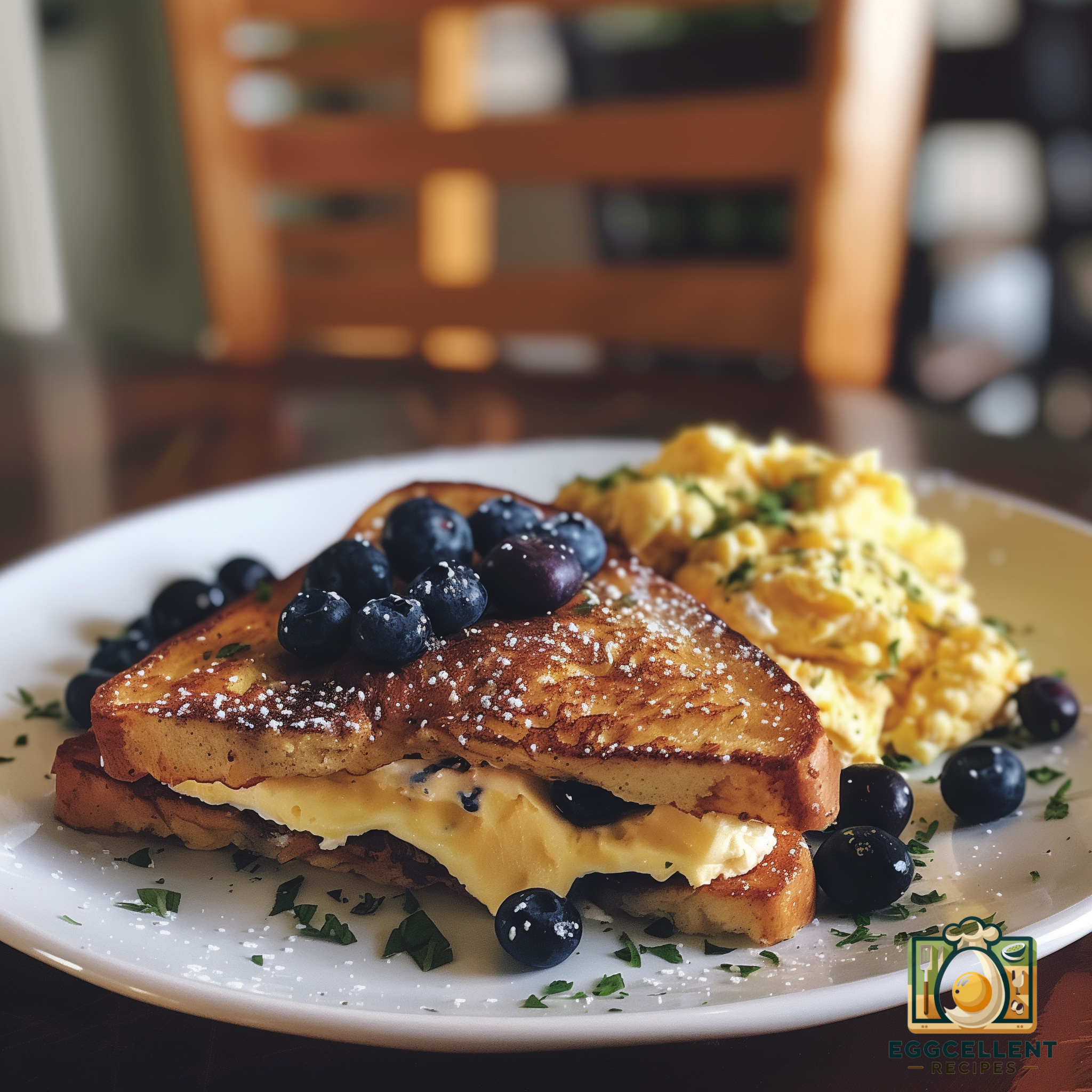 Blueberry and Cream Cheese Stuffed French Toast with Scrambled Eggs Recipe