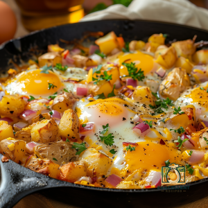 Country Skillet with Eggs, Potatoes, Onions, and Cheese Recipe