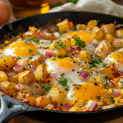 Country Skillet with Eggs, Potatoes, Onions, and Cheese