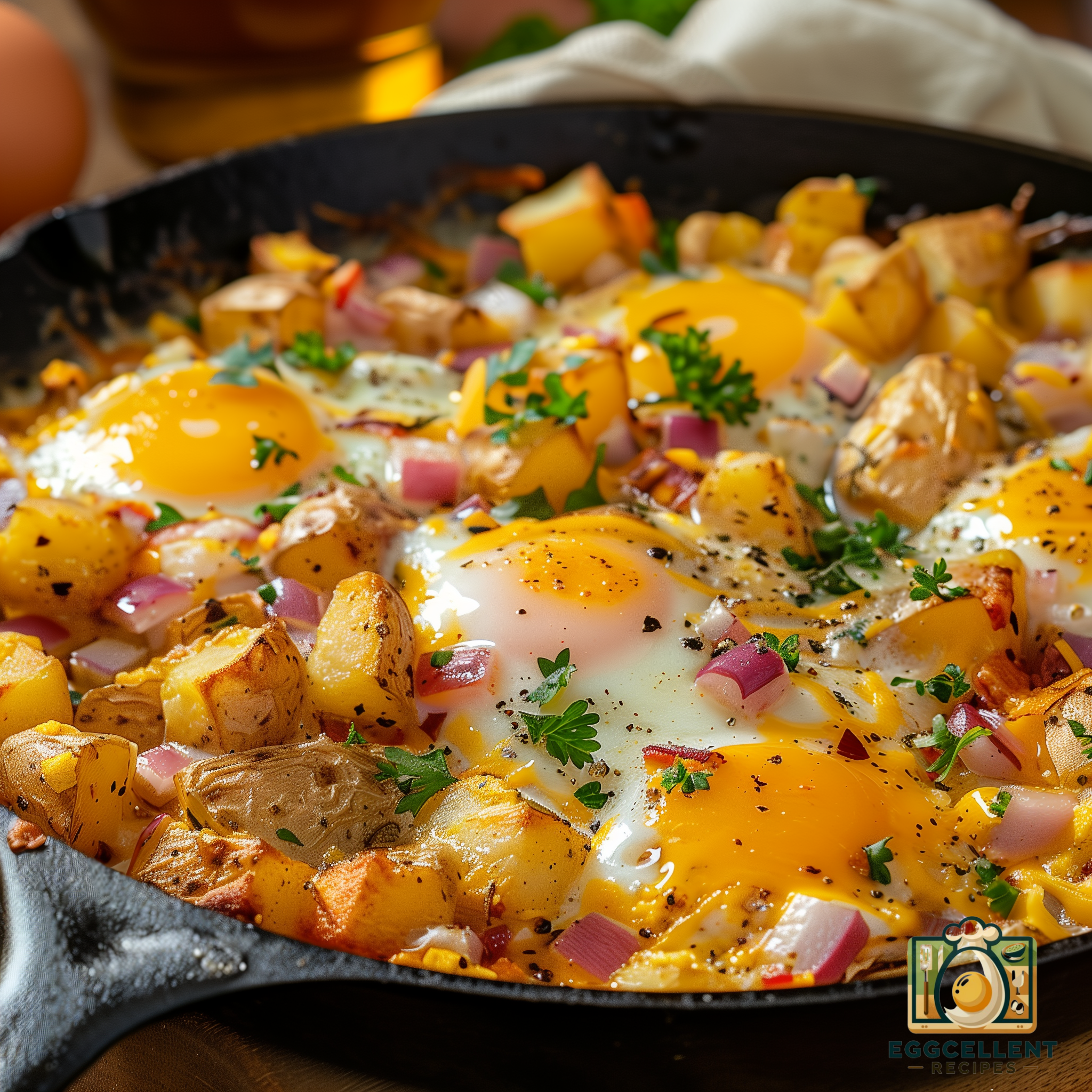 Country Skillet with Eggs, Potatoes, Onions, and Cheese Recipe
