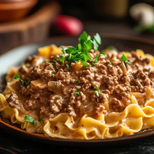 Creamy Bacon Egg Noodle Ground Beef Stroganoff Recipe