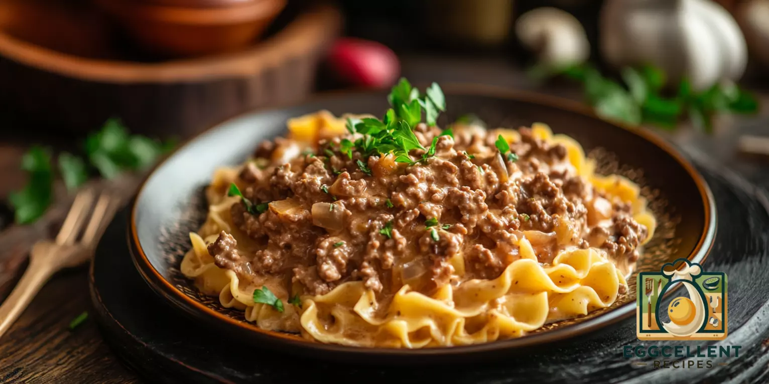 Creamy Bacon Egg Noodle Ground Beef Stroganoff Recipe